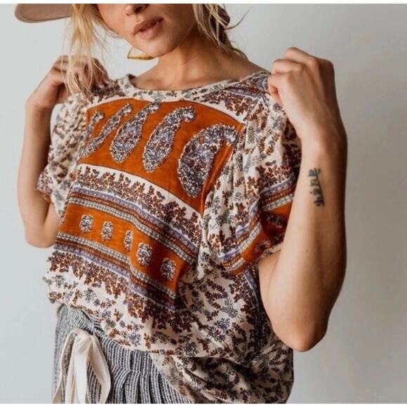 Free People High-Low Scoop Back Paisley-Print Top Boho Puff Sleeve Peasant XS - Picture 9 of 13